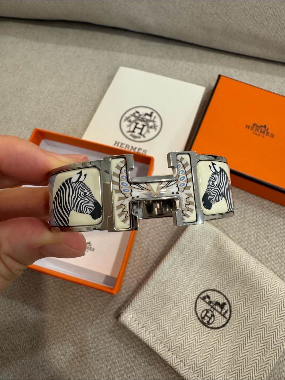 Hermes Silver Zebra Enamel Clic H Bracelet